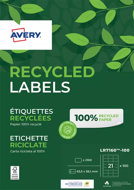 Een Etiket Avery LR7160-100 63.5x38.1mm recycled wit 2100stuks koop je bij KantoorProfi België BV