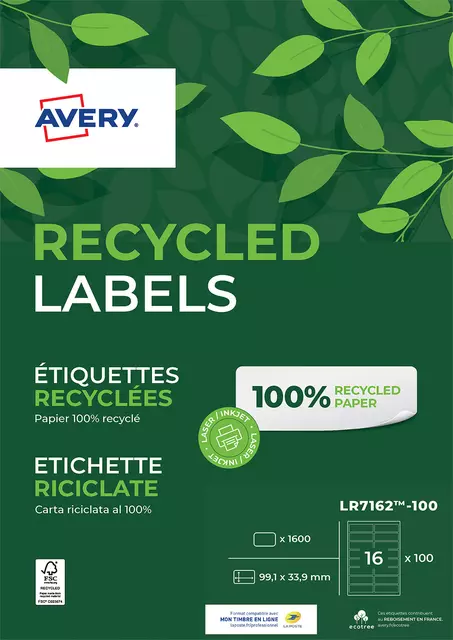 Een Etiket Avery LR7162-100 99.1x33.9mm recycled wit 1600stuks koop je bij MV Kantoortechniek B.V.