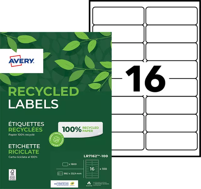 Een Etiket Avery LR7162-100 99.1x33.9mm recycled wit 1600stuks koop je bij KantoorProfi België BV