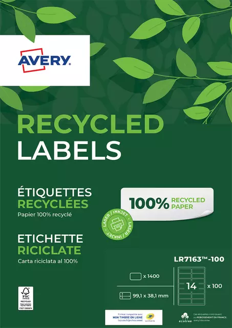 Een Etiket Avery LR7163-100 99.1x38.1mm recycled wit 1400stuks koop je bij KantoorProfi België BV