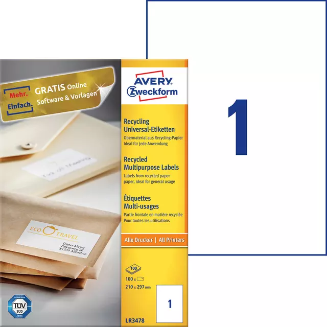 Een Etiket Avery Zweckform LR3478 210x297mm A4 recycled wit 100stuks koop je bij EconOffice