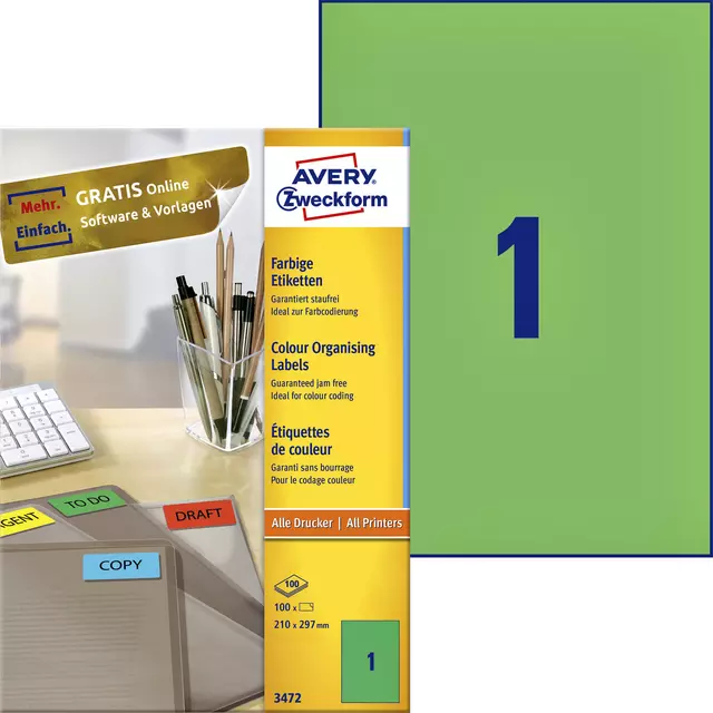 Een Etiket Avery Zweckform 3472 210x297mm A4 groen 100stuks koop je bij Alles voor uw kantoor