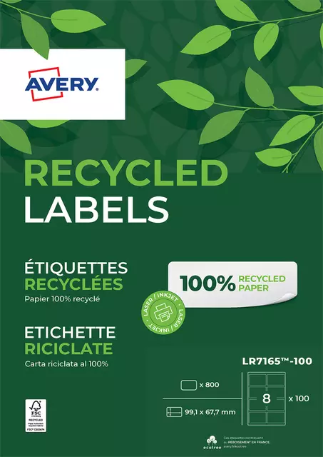 Een Etiket Avery LR7165-100 99.1x67.7mm recycled wit 800stuks koop je bij KantoorProfi België BV
