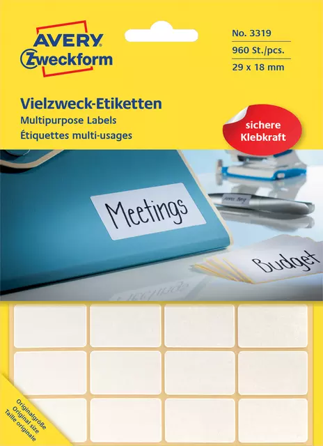 Een Etiket Avery Zweckform 3319 29x18mm wit 960stuks koop je bij QuickOffice BV