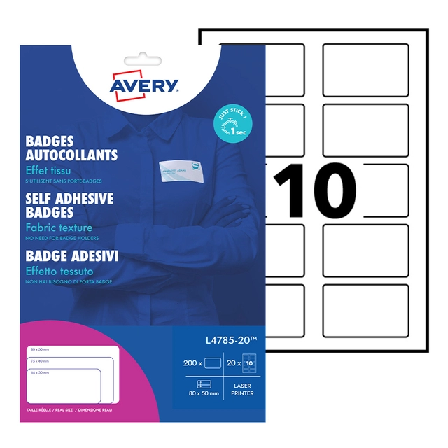 Een Naambadge etiket Avery L4785-20 80x50mm zk 200stuks koop je bij Ziffo Kantoorcentrum BV