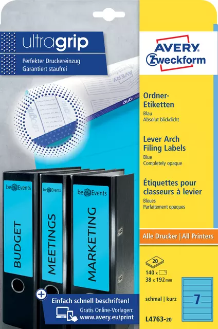 Een Rugetiket Avery Zweckform smal 38x192mm zelfklevend smal blauw koop je bij Unimark Office B.V.