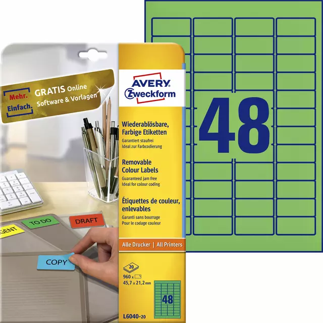 Een Etiket Avery Zweckform L6040-20 45.7x21.2mm groen 960stuks koop je bij KantoorProfi België BV