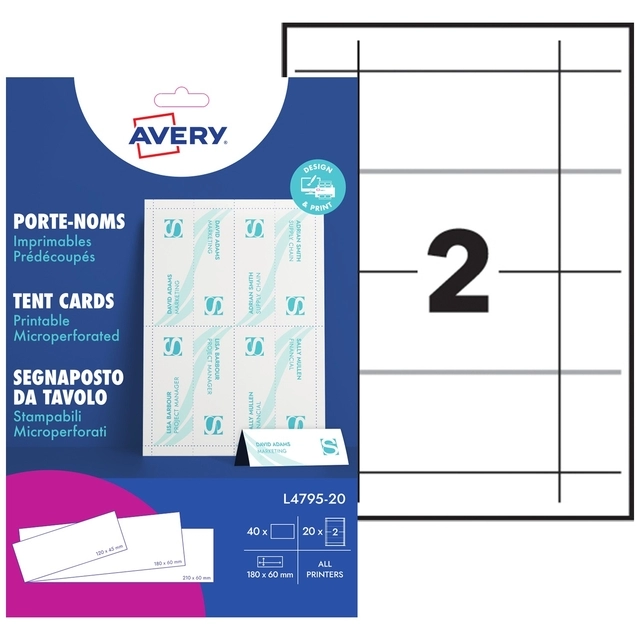 Een Tafelnaambord Avery L4795-20 180x60mm wit 20 stuks koop je bij Ziffo Kantoorcentrum BV