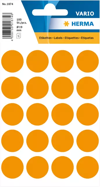 Een Etiket HERMA 1874 rond 19mm fluor oranje 100stuks koop je bij KantoorProfi België BV