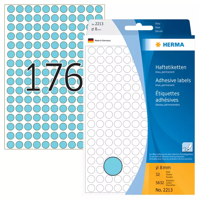 Een Etiket HERMA 2213 rond 8mm blauw 5632stuks koop je bij Van Hoye Kantoor BV