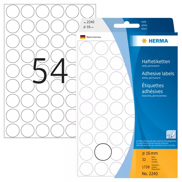 Een Etiket HERMA 2240 rond 16mm wit 1728stuks koop je bij KantoorProfi België BV