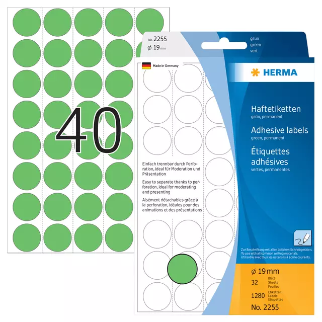 Een Etiket HERMA 2255 rond 19mm groen 1280stuks koop je bij KantoorProfi België BV