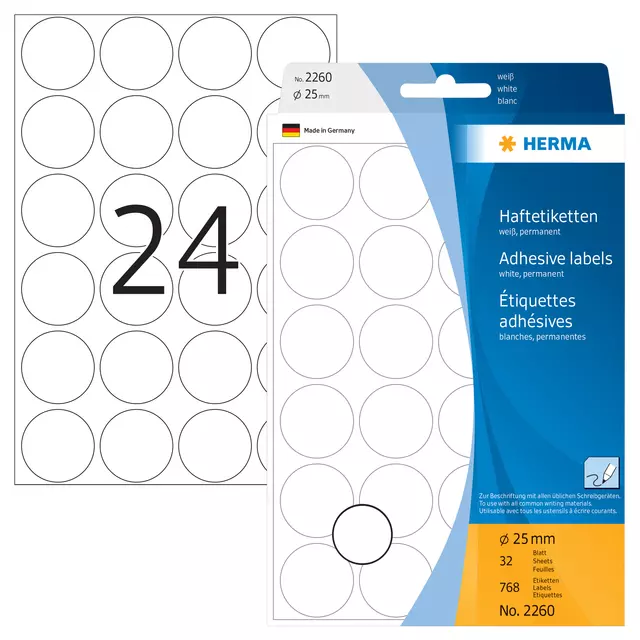 Een Etiket HERMA 2260 rond 25mm wit 768stuks koop je bij Van Leeuwen Boeken- en kantoorartikelen
