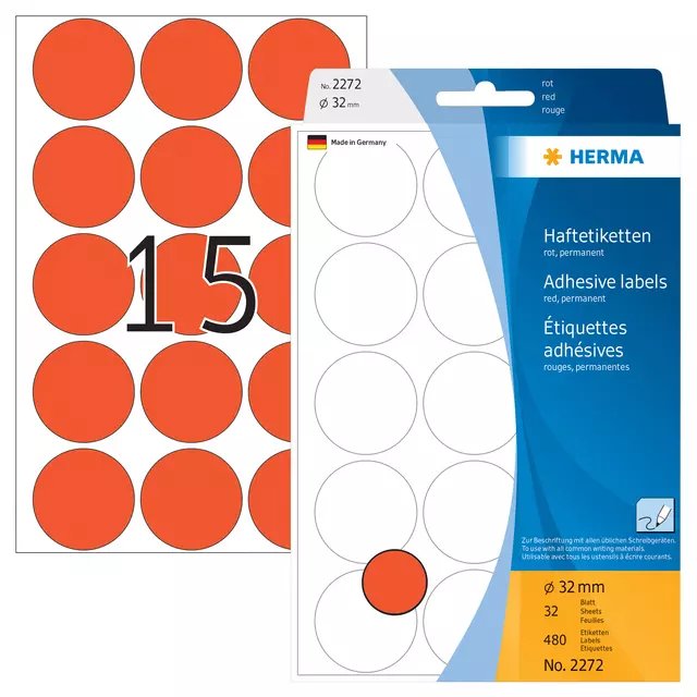 Een Etiket HERMA 2272 rond 32mm rood 480stuks koop je bij EconOffice
