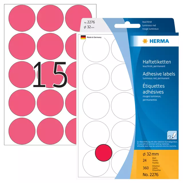 Een Etiket HERMA 2276 rond 32mm fluor rood 360stuks koop je bij EconOffice