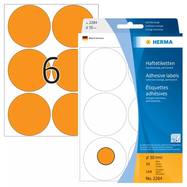 Een Etiket HERMA 2284 rond 50mm fluor oranje 144stuks koop je bij KantoorProfi België BV