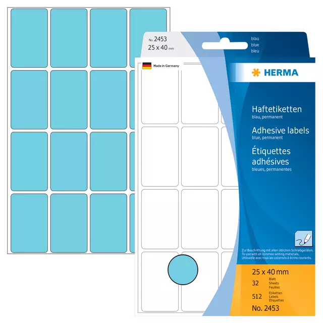 Een Etiket HERMA 2453 25x40mm blauw 512stuks koop je bij KantoorProfi België BV