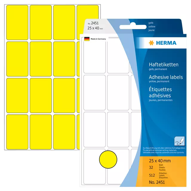 Een Etiket HERMA 2451 25x40mm geel 512 stuks koop je bij KantoorProfi België BV