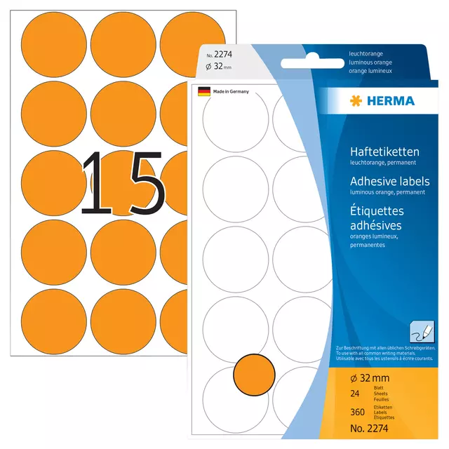 Een Etiket HERMA 2274 rond 32mm fluor oranje 360stuks koop je bij Van Leeuwen Boeken- en kantoorartikelen