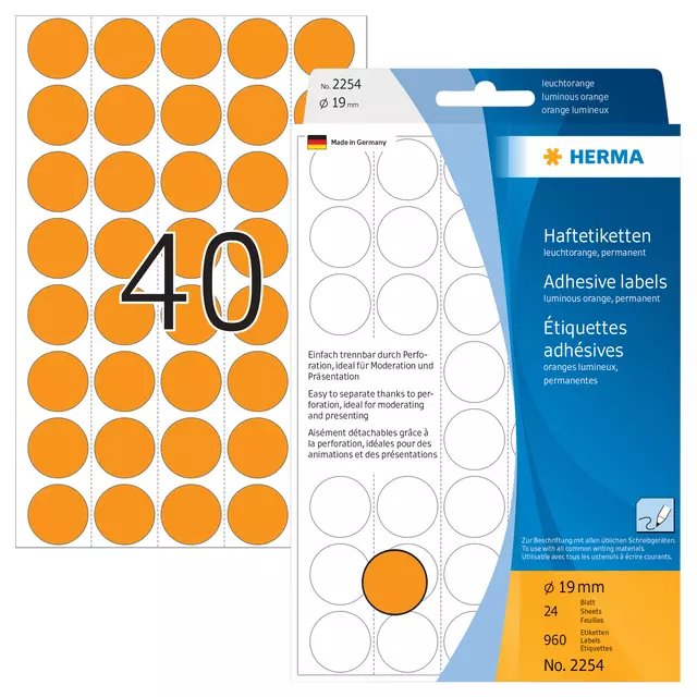 Een Etiket HERMA 2254 rond 19mm fluor oranje 960stuks koop je bij Van Leeuwen Boeken- en kantoorartikelen