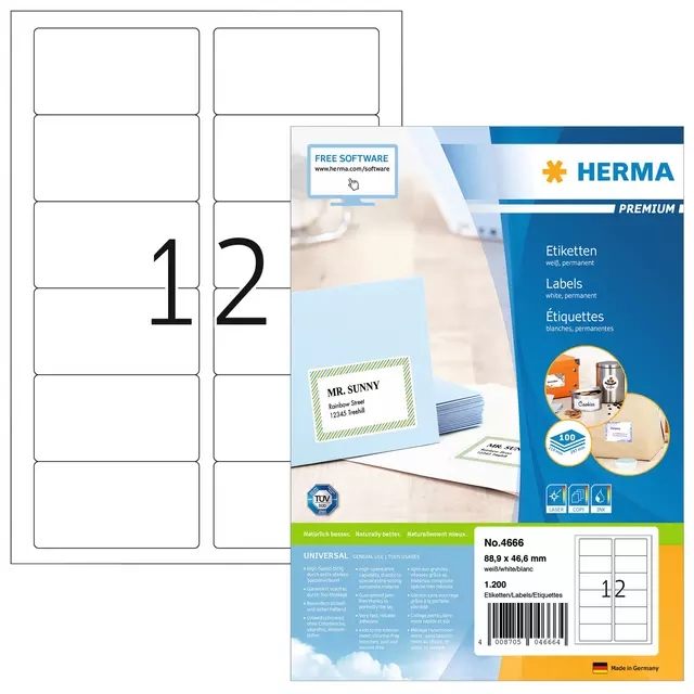 Een Etiket HERMA 4666 88.9x46.6mm premium wit 1200stuks koop je bij The Cartridge Company