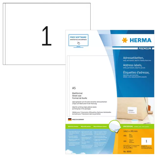Een Etiket HERMA 8690 148.5x205mm Premium wit 400stuks koop je bij Van Hoye Kantoor BV