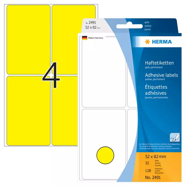 Een Etiket HERMA 2491 52x82mm geel 128 stuks koop je bij KantoorProfi België BV