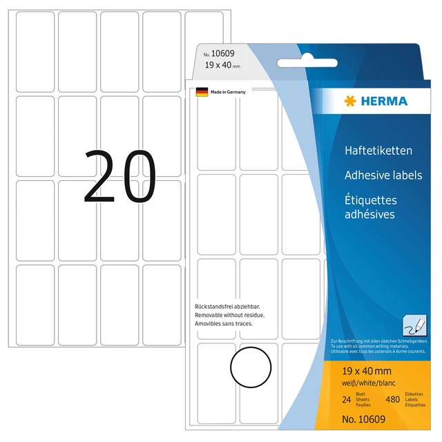 Een Etiket HERMA 10609 19x40mm verwijderbaar 480 etiketten koop je bij NiceSupplies.nl