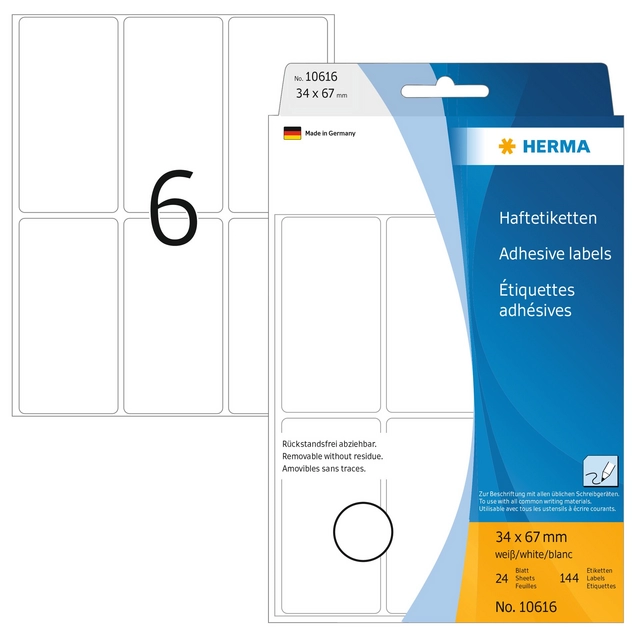 Buy your Etiket HERMA 10616 34x67mm verwijderbaar 144 etiketten at QuickOffice BV