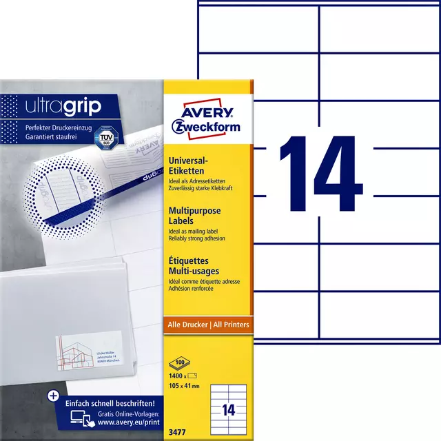 Etiket Avery Zweckform 3477 105x41mm wit 1400stuks