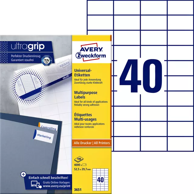 Een Etiket Avery Zweckform 3651 52.5x29.7mm wit 4000stuks koop je bij EconOffice