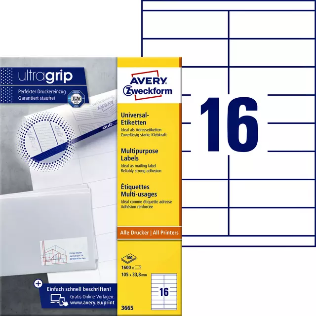 Een Etiket Avery Zweckform 3665 105x33.8mm wit 1600stuks koop je bij Unimark Office B.V.