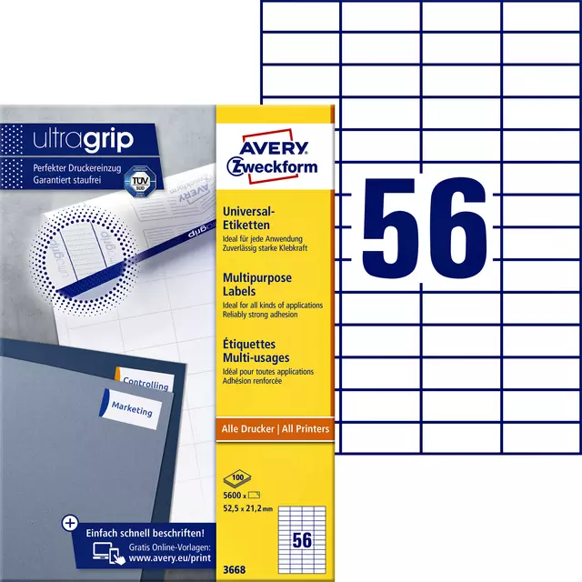 Een Etiket Avery Zweckform 3668 52.5x21.2mm wit 5600stuks koop je bij NiceSupplies.nl