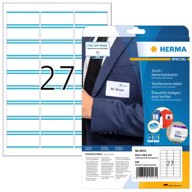 Een Naambadge etiket HERMA 4513 63.5x29.6mm wit/blauw koop je bij KantoorProfi België BV