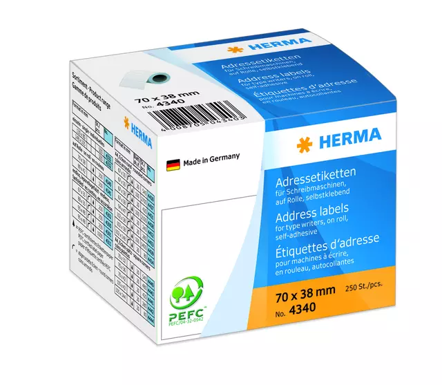Een Etiket HERMA adres 4340 70x38mm op rol wit 250stuks koop je bij KantoorProfi België BV