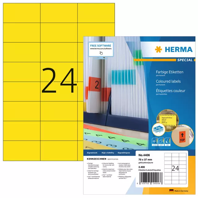 Een Etiket HERMA 4406 70x37mm geel 2400stuks koop je bij KantoorProfi België BV