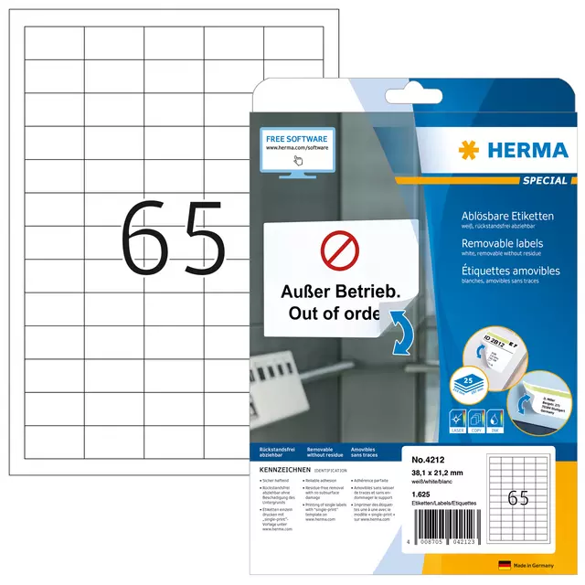 Een Etiket HERMA 4212 38.1x21.2mm verwijderbaar wit 1625stuks koop je bij KantoorProfi België BV