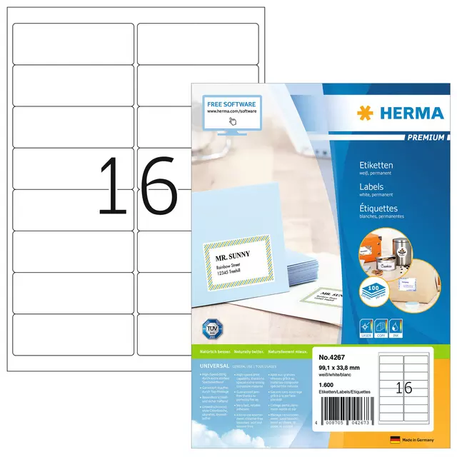 Een Etiket HERMA 4267 99.1x33.8mm premium wit 1600stuks koop je bij KantoorProfi België BV