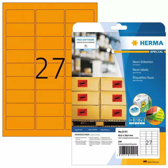 Een Etiket HERMA 5141 63.5x29.6mm neonoranje 540stuks koop je bij Alles voor uw kantoor