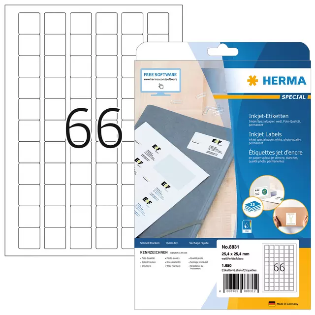 Een Etiket HERMA 8831 25.4x25.4mm mat wit 1650stuks koop je bij KantoorProfi België BV