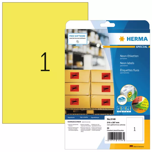 Een Etiket HERMA 5148 210x297mm A4 fluor geel 20stuks koop je bij The Cartridge Company