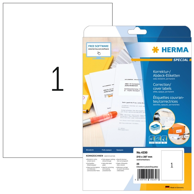 Een Etiket HERMA 4230 210x297mm A4 correctie wit 25stuks koop je bij The Cartridge Company