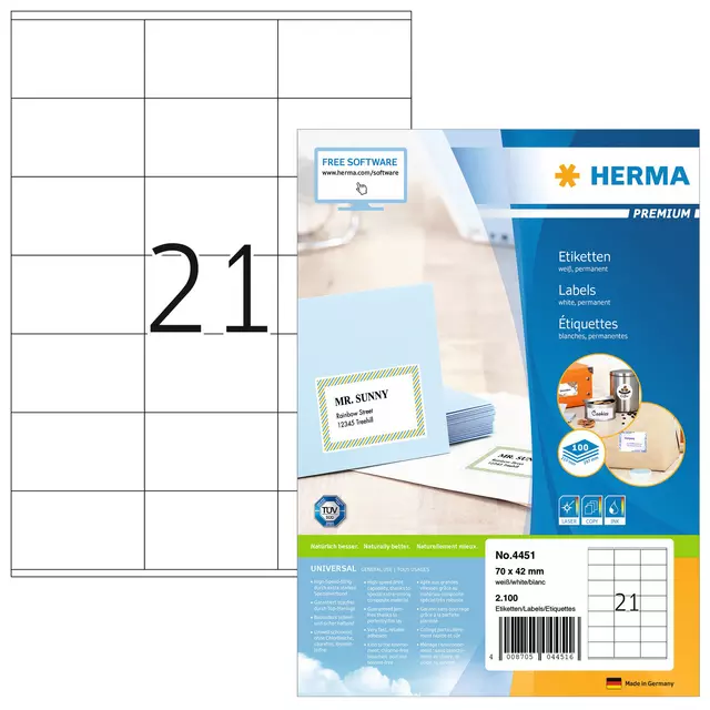 Een Etiket HERMA 4451 70x42mm premium wit 2100stuks koop je bij KantoorProfi België BV