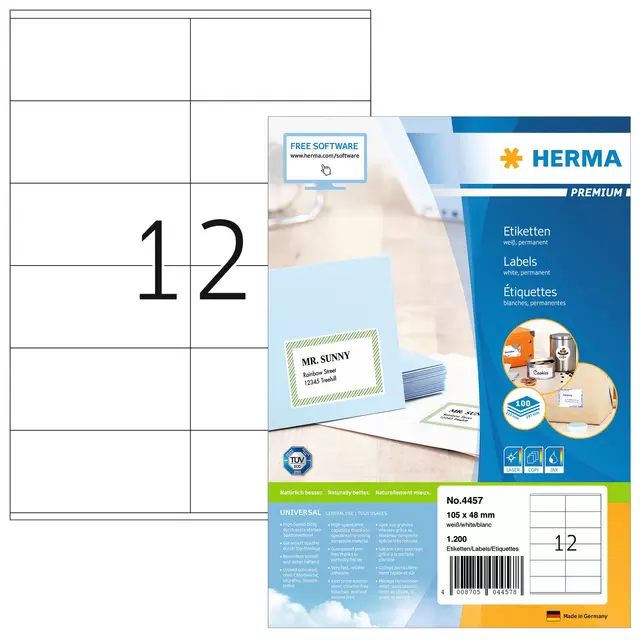 Een Etiket HERMA 4457 105x48mm premium wit 1200stuks koop je bij Van Leeuwen Boeken- en kantoorartikelen