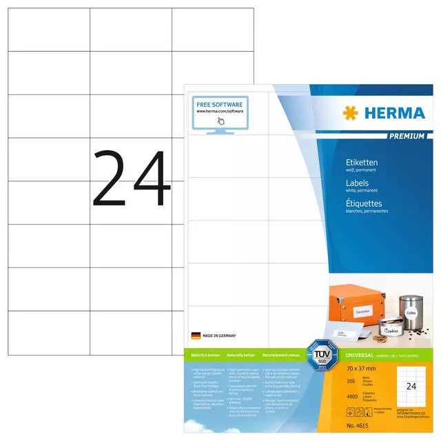 Een Etiket HERMA 4615 70x37mm premium wit 4800stuks koop je bij KantoorProfi België BV