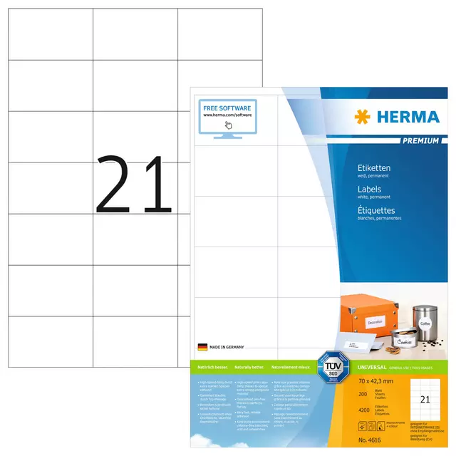 Een Etiket HERMA 4616 70x42.3mm premium wit 4200stuks koop je bij Van Hoye Kantoor BV
