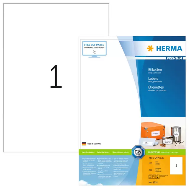 Een Etiket HERMA 4631 210x297mm A4 premium wit 200stuks koop je bij KantoorProfi België BV