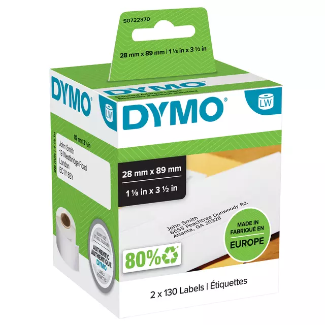 Een Etiket Dymo LabelWriter adressering 28x89mm 2 rollen á 130 stuks wit koop je bij Van Leeuwen Boeken- en kantoorartikelen