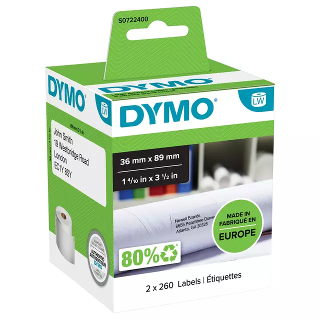 Een Etiket Dymo LabelWriter adressering 36x89mm 2 rollen á 260 stuks wit koop je bij Totaal Kantoor Goeree