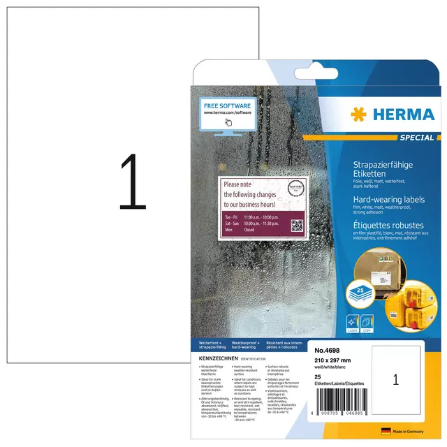 Een Etiket HERMA 4698 210x297mm weerbestendig wit 25stuks koop je bij KantoorProfi België BV